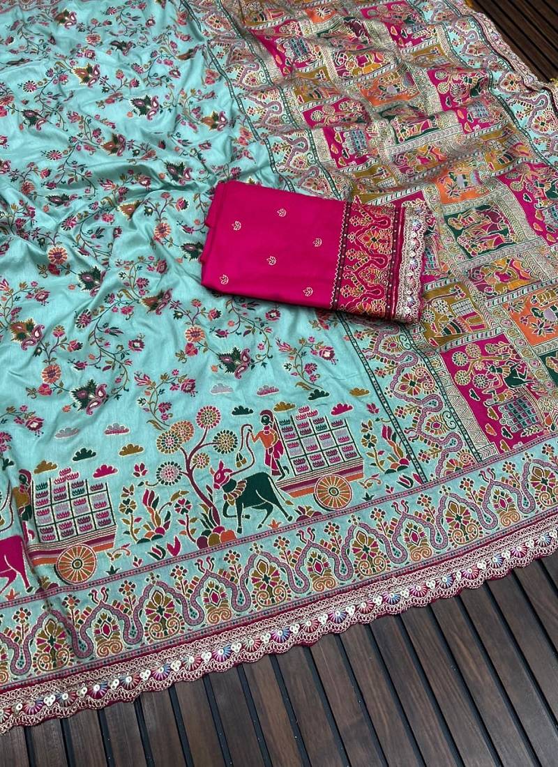 Sky Blue Color Zari Weaving Embroidery Lace Pashmina Silk  Saree 