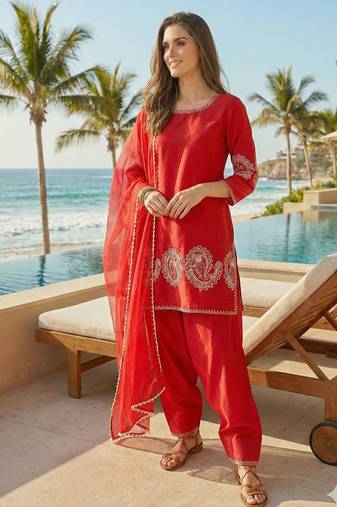 red crepe suit with sequin embroidery work