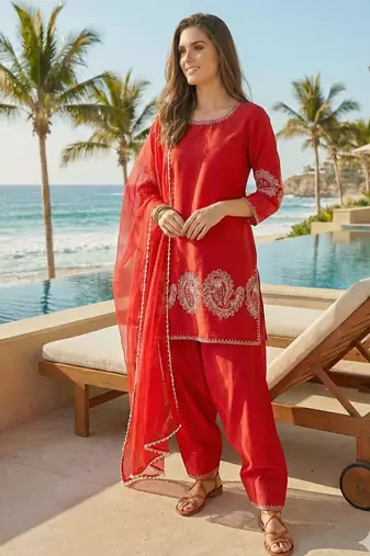 red crepe suit with sequin embroidery work