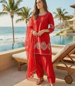 red crepe suit with sequin embroidery work