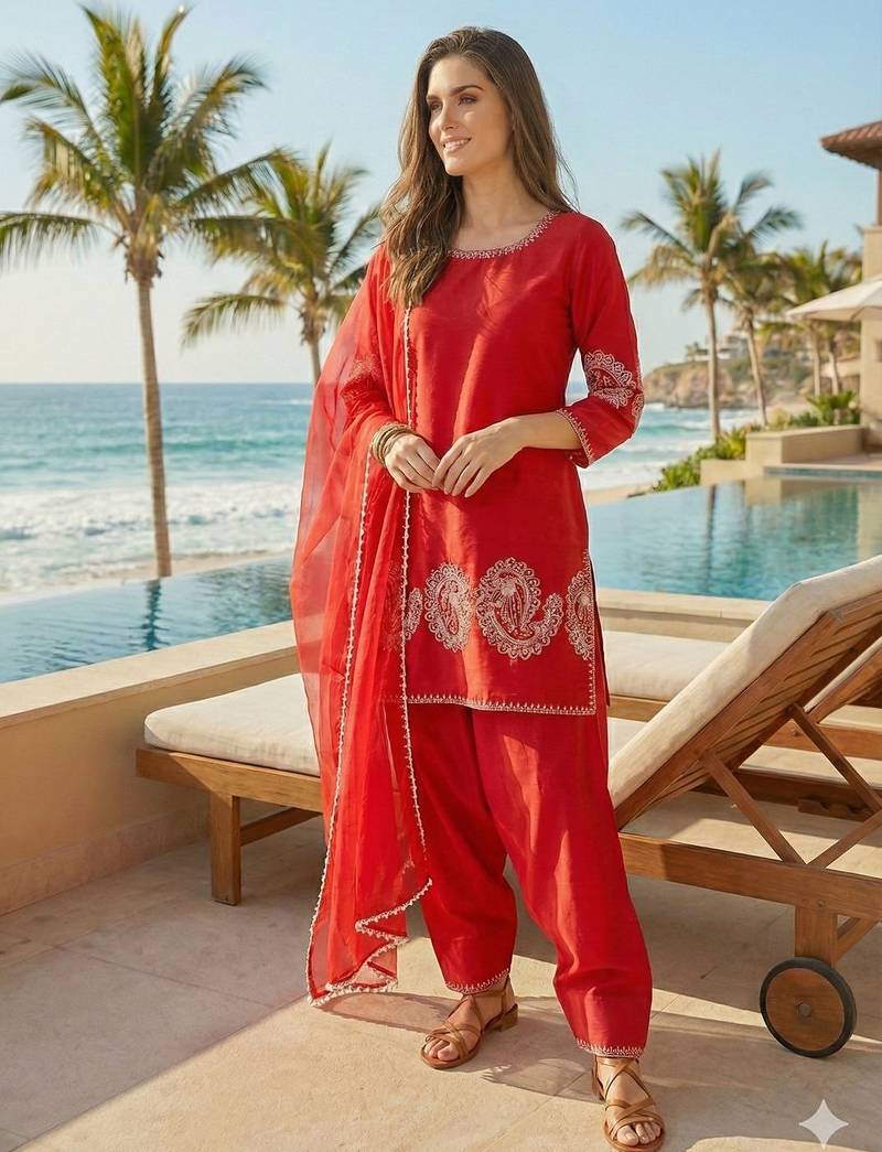 red crepe suit with sequin embroidery work