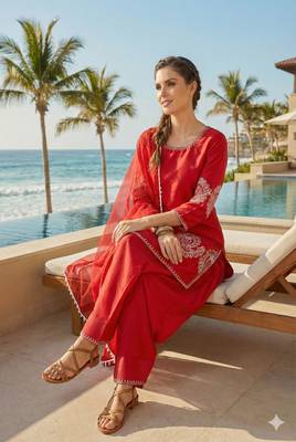 red crepe suit with sequin embroidery  2