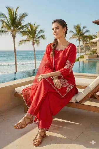 red crepe suit with sequin embroidery 