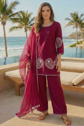 maroon crepe suit with sequin embroidery work