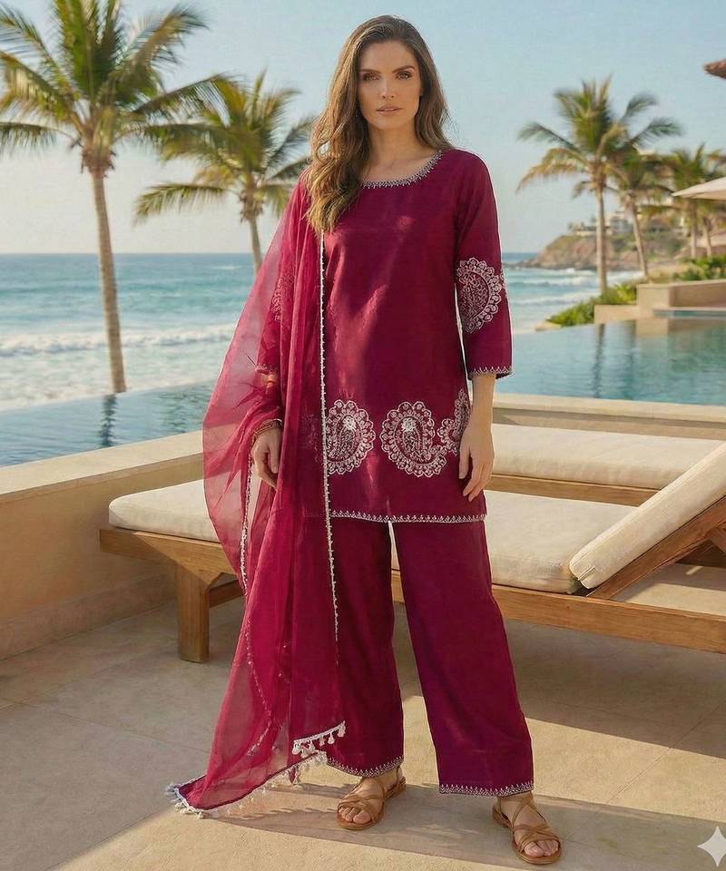 maroon crepe suit with sequin embroidery work