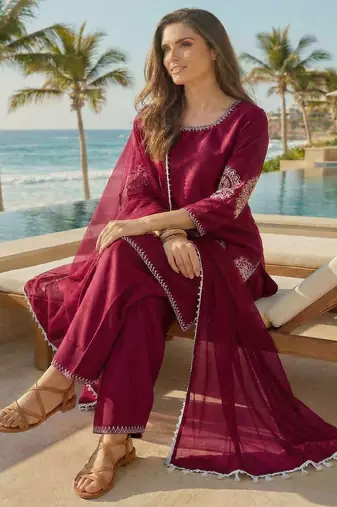 Maroon Crepe Stitched Suit With Sequence Embroidery Work