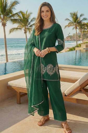green crepe suit with sequin embroidery work