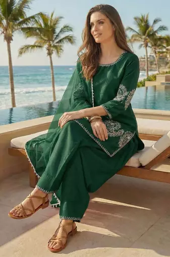 D Green Crepe Stitched Suit With Sequence Embroidery Work