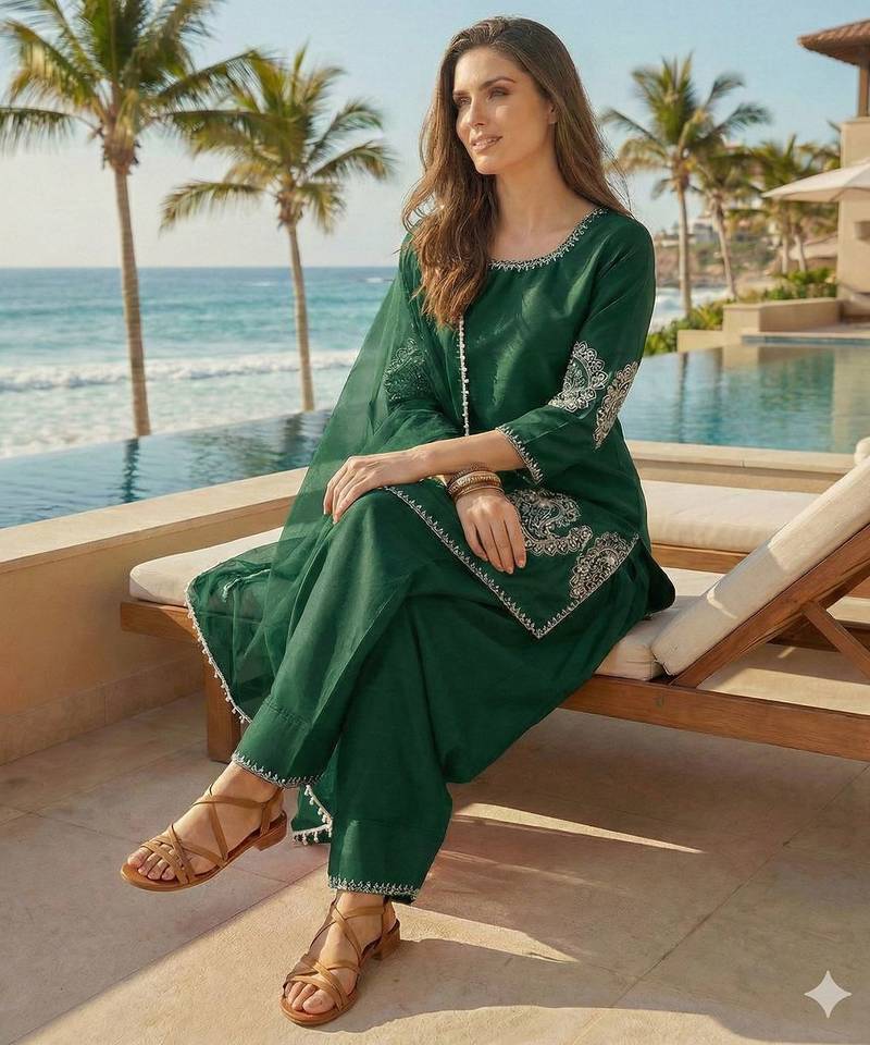 green crepe suit with sequin embroidery work