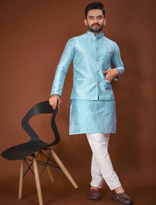 Blue jecquard silk straight kurta with koti & payjama 1
