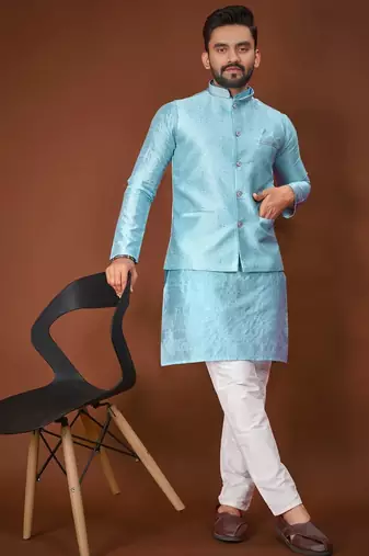 Blue jecquard silk straight kurta with koti & payjama