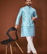 Blue jecquard silk straight kurta with koti & payjama