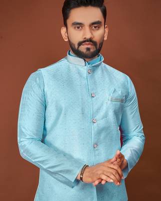 Blue jecquard silk straight kurta with koti & payjama 2