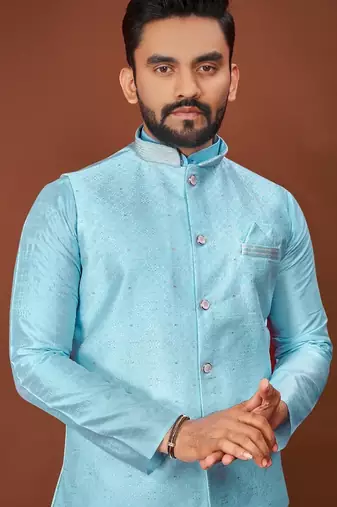 Blue jecquard silk straight kurta with koti & payjama