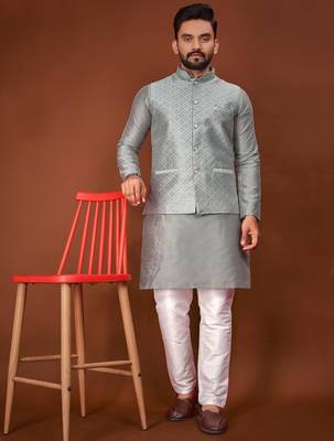 Grey jecquard silk straight kurta with koti & payjama 1