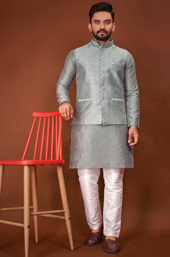 Grey jecquard silk straight kurta with koti & payjama
