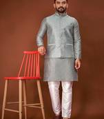 Grey jecquard silk straight kurta with koti & payjama