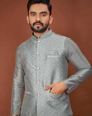 Grey jecquard silk straight kurta with koti & payjama 2