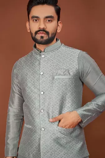 Grey jecquard silk straight kurta with koti & payjama
