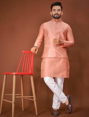 Peach jecquard silk straight kurta with koti & payjama 1