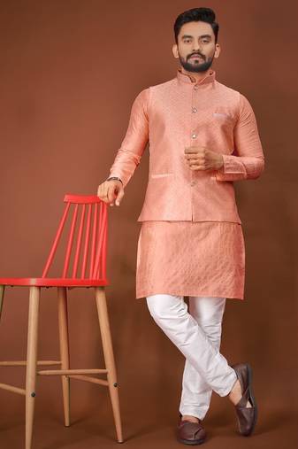 Peach jecquard silk straight kurta with koti & payjama