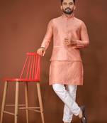 Peach jecquard silk straight kurta with koti & payjama