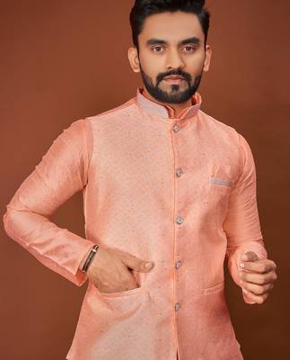 Peach jecquard silk straight kurta with koti & payjama 2