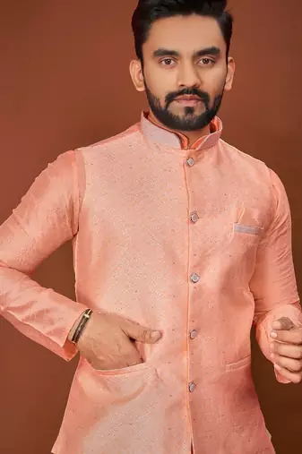 Peach jecquard silk straight kurta with koti & payjama