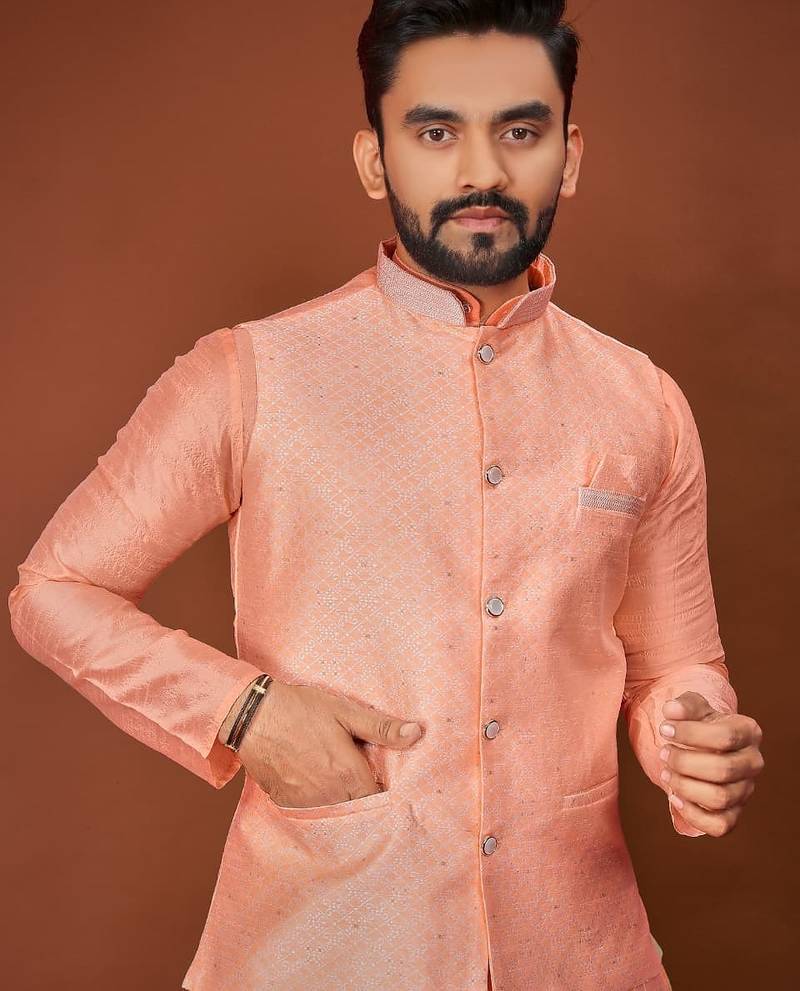 Peach jecquard silk straight kurta with koti & payjama