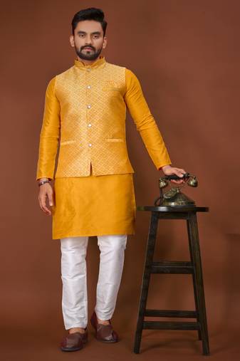 Yelllow jecquard silk straight kurta with koti & payjama