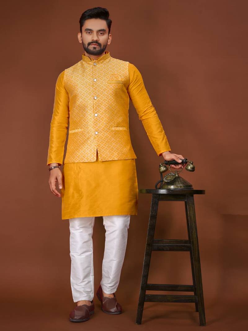 Yelllow jecquard silk straight kurta with koti & payjama