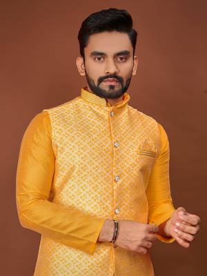 Yelllow jecquard silk straight kurta with koti & payjama 2