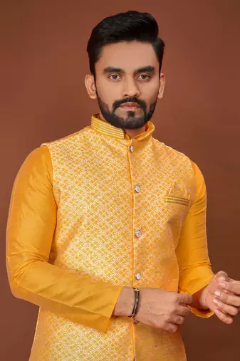 Yelllow jecquard silk straight kurta with koti & payjama