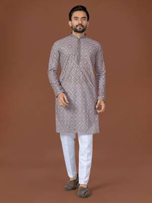 grey lucknowi silk straight kurta 1