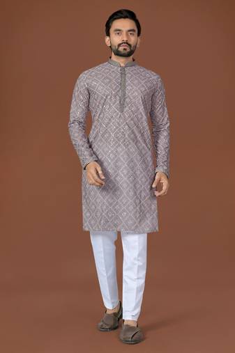 grey lucknowi silk straight kurta