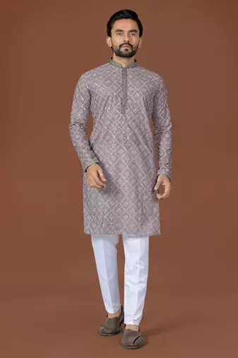 grey lucknowi silk straight kurta
