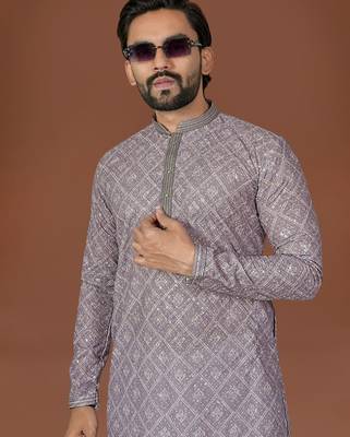 grey lucknowi silk straight kurta 2