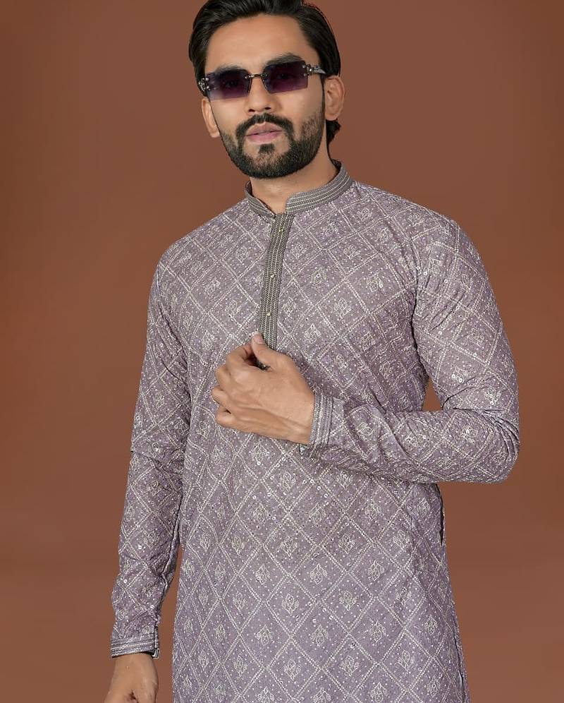 grey lucknowi silk straight kurta