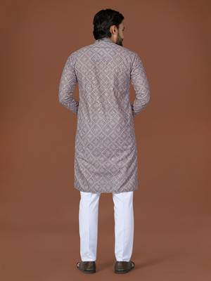 grey lucknowi silk straight kurta 3
