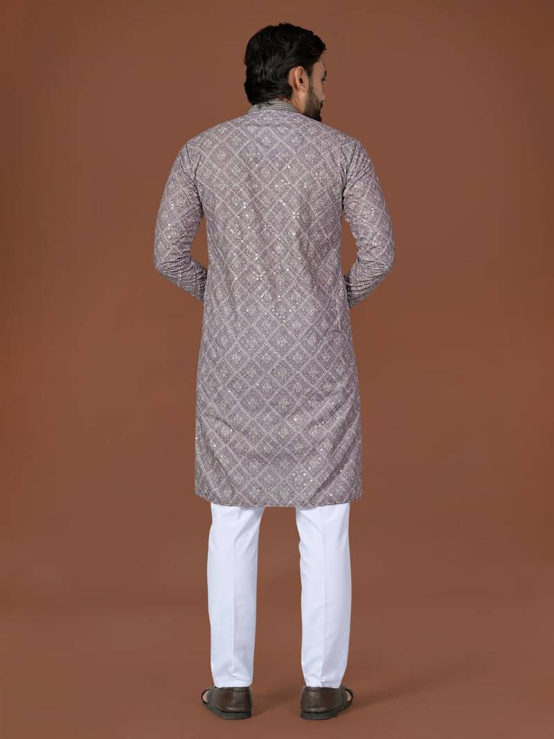grey lucknowi silk straight kurta