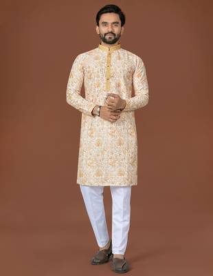 L yellow lucknowi silk straight kurta 1