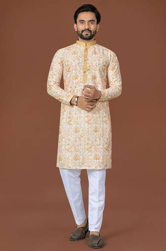 L yellow lucknowi silk straight kurta