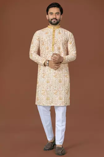L yellow lucknowi silk straight kurta