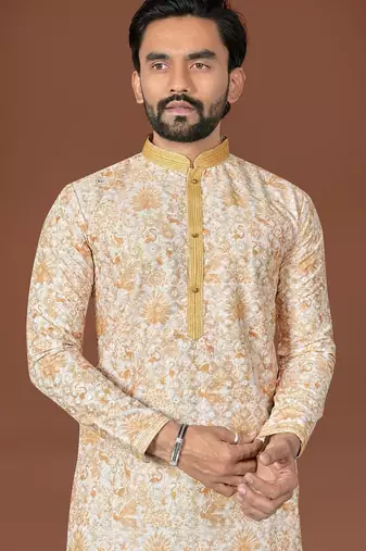 L yellow lucknowi silk straight kurta