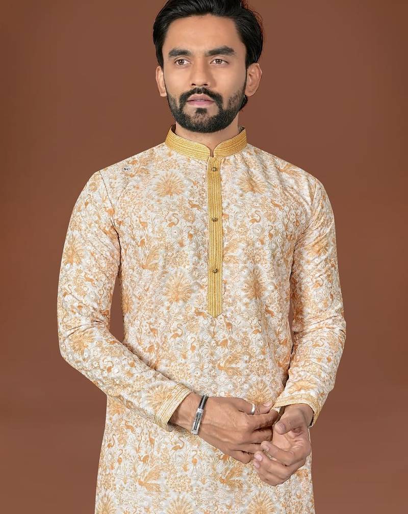 L yellow lucknowi silk straight kurta