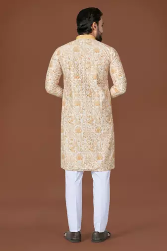 L yellow lucknowi silk straight kurta