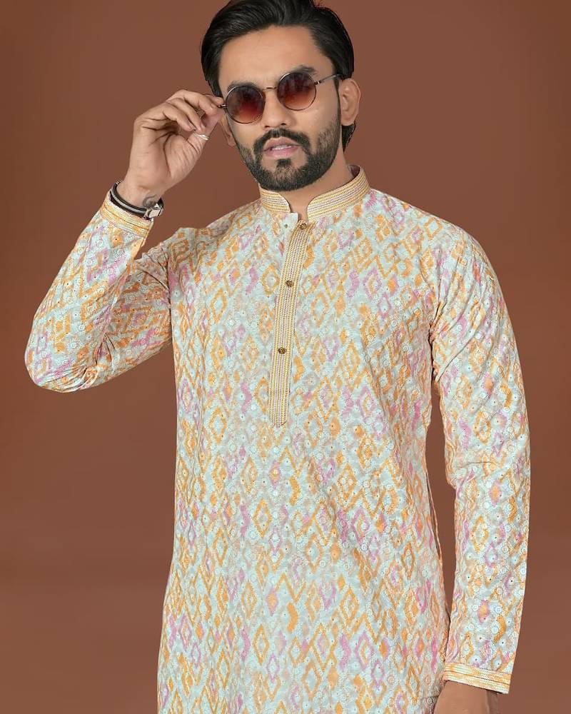 Multi lucknowi silk straight kurta