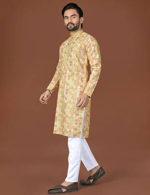 Yellow lucknowi silk straight kurta 1