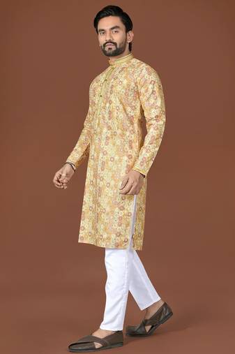Yellow lucknowi silk straight kurta