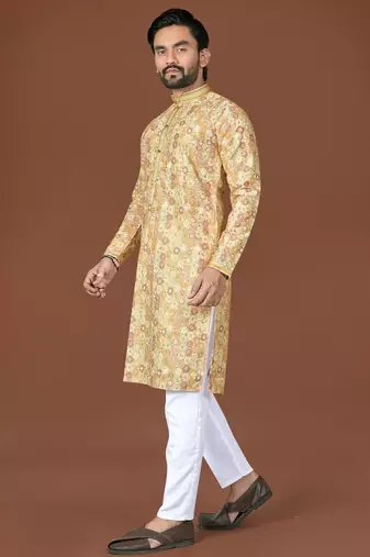 Yellow lucknowi silk straight kurta